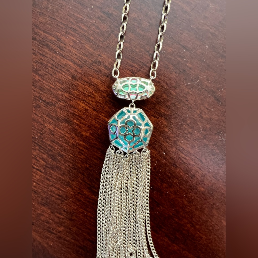 NWT Kendra Scott Tae Long Necklace Turquoise+Iridescent Stones Gold Tone Chain - Picture 4 of 8